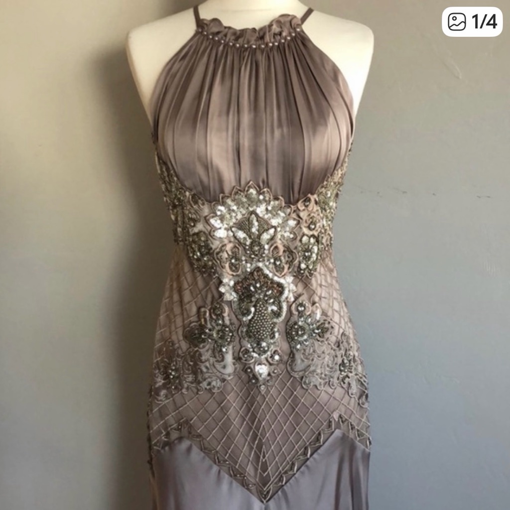 Embellished Taupe Halter Evening Dress